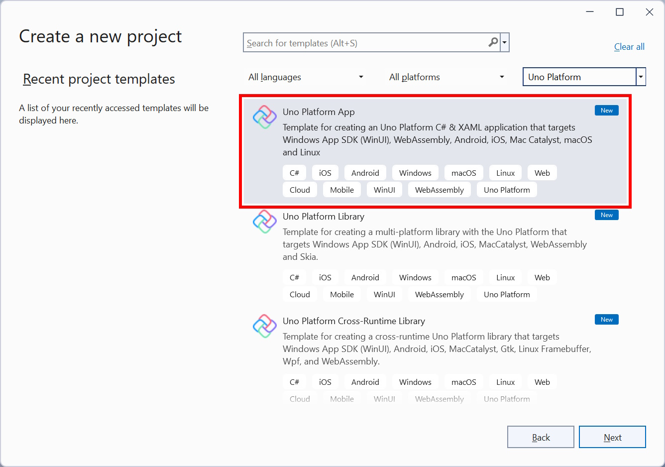 Visual Studio create new project window