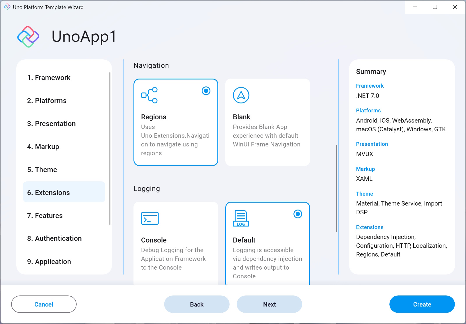 Extensions tab in the wizard