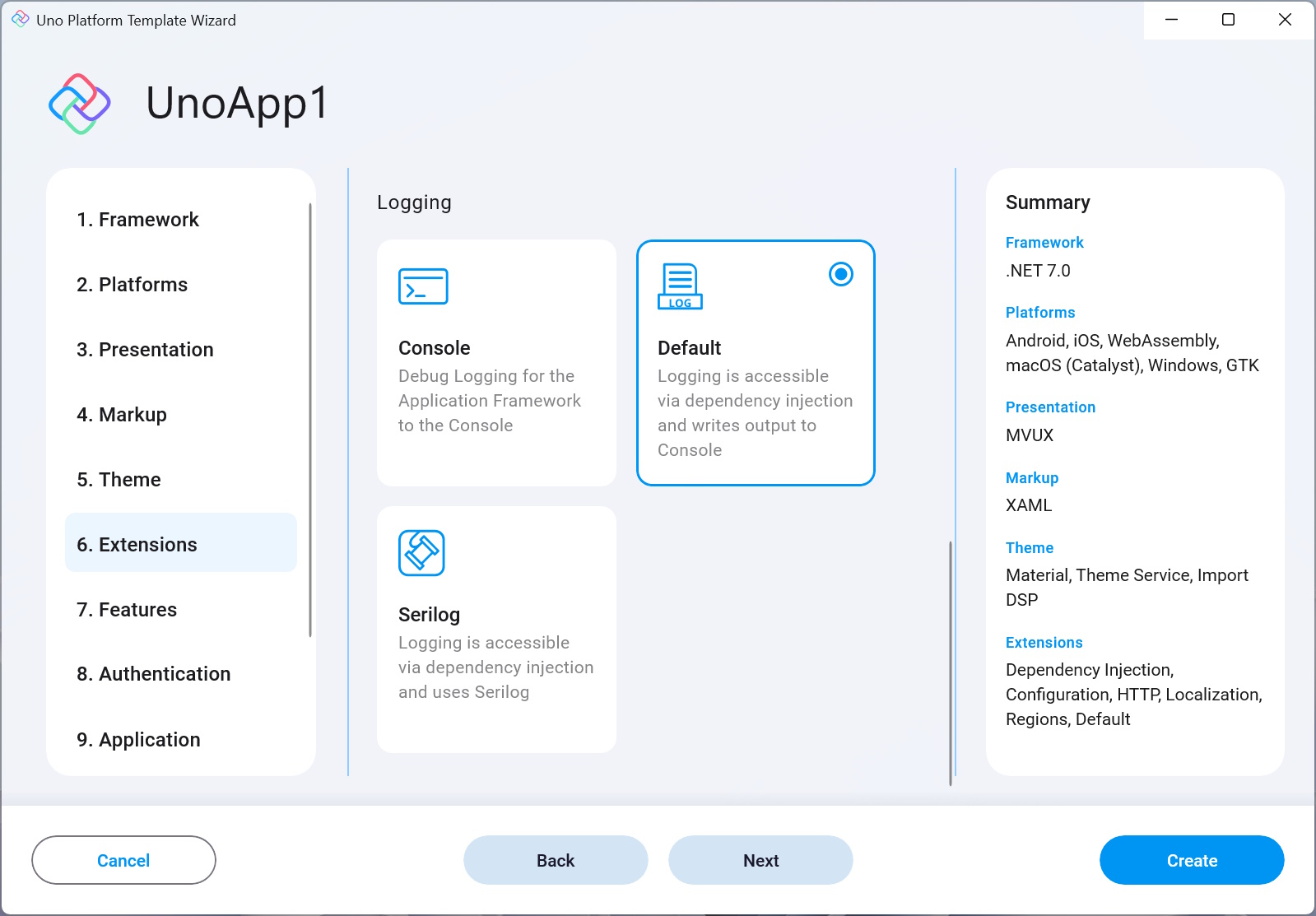 Extensions tab in the wizard
