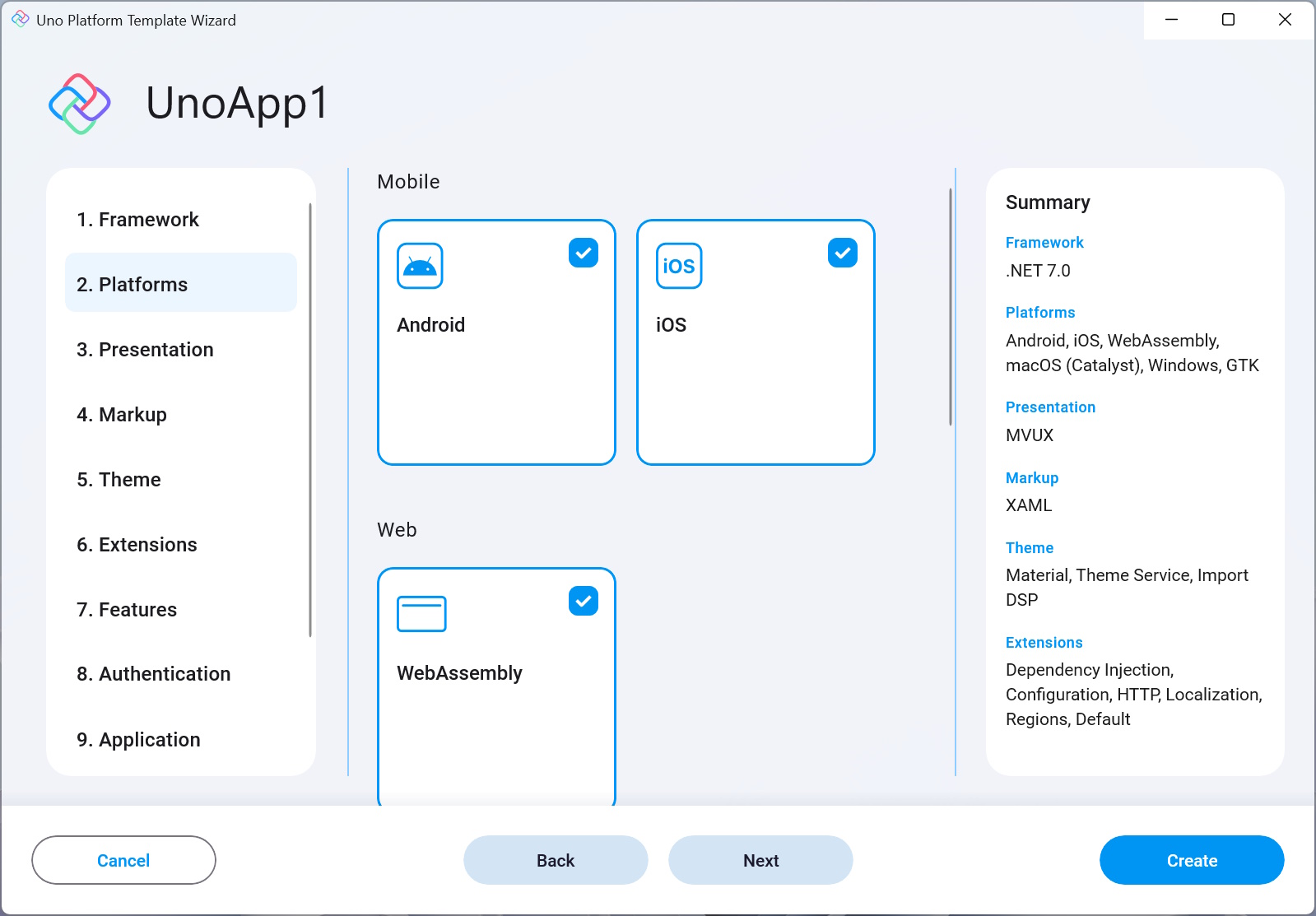 Platforms tab in the wizard