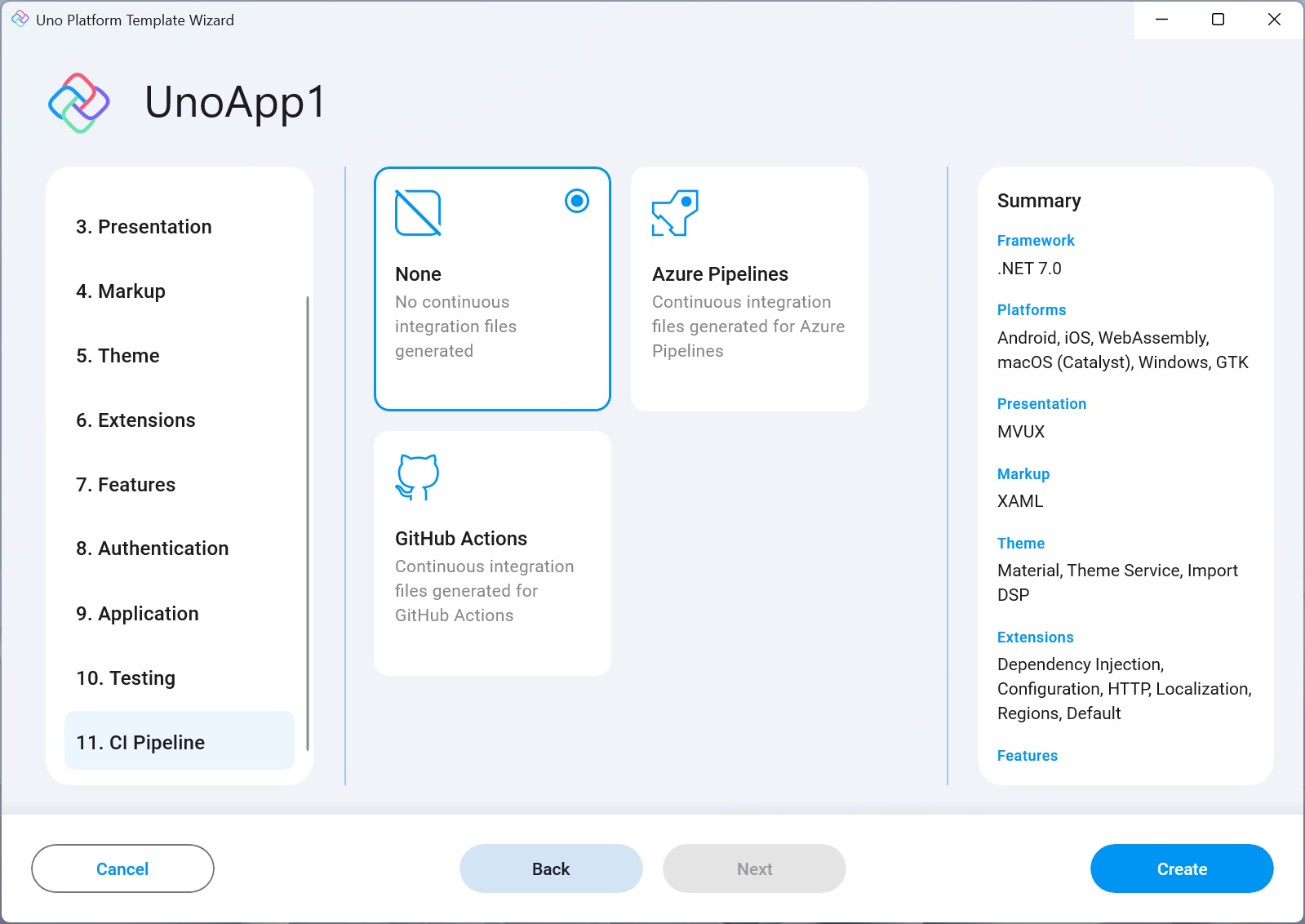 CI Pipeline tab in the wizard