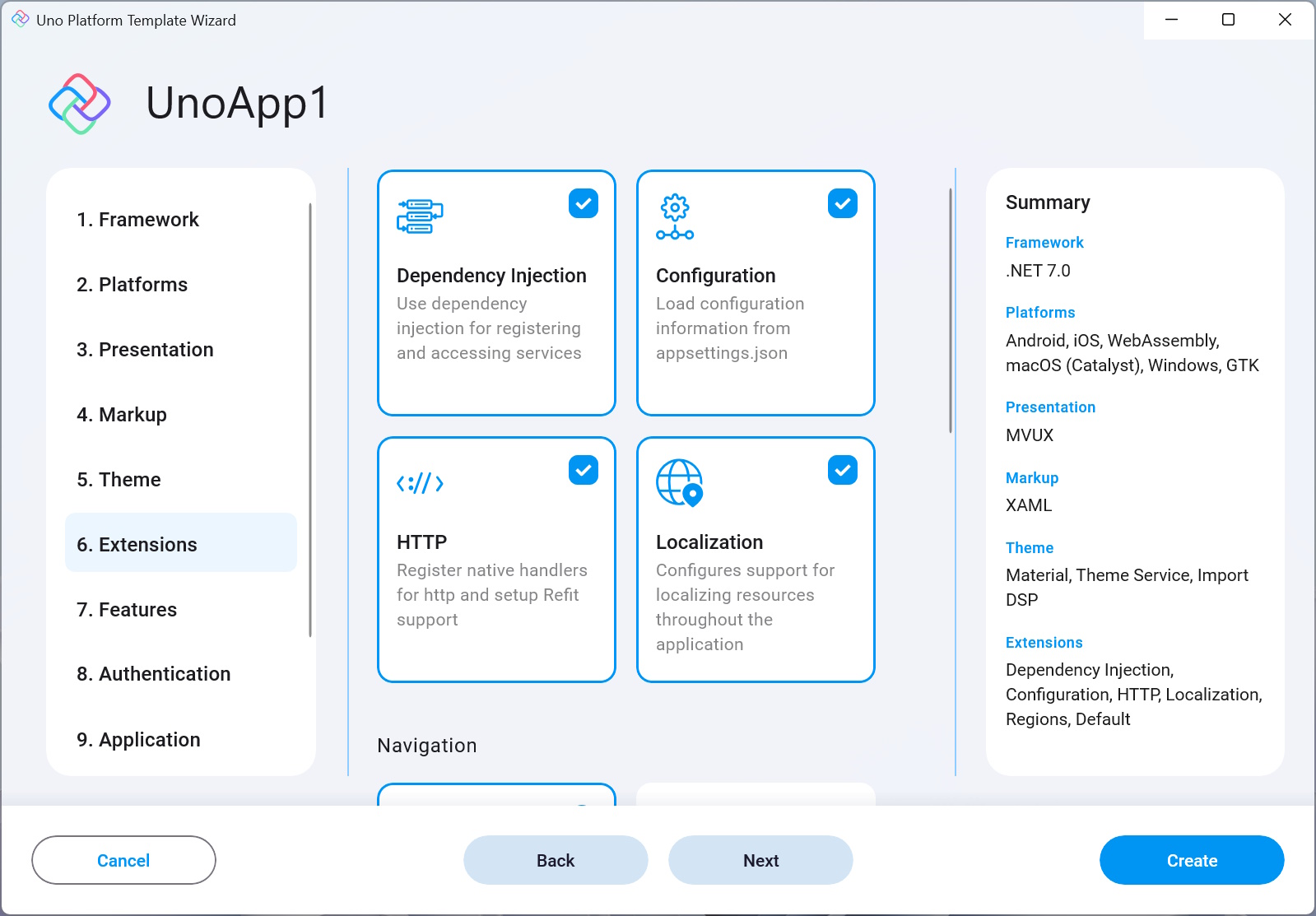 Extensions tab in the wizard