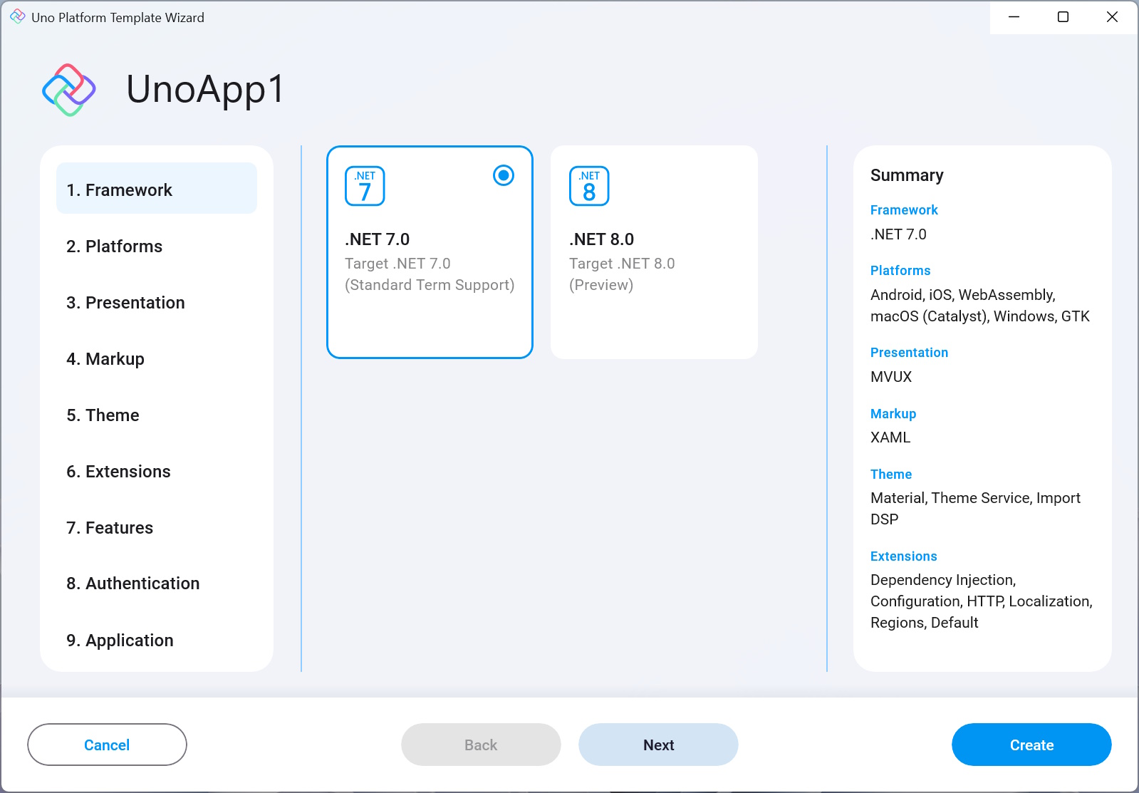 Framework tab in the wizard