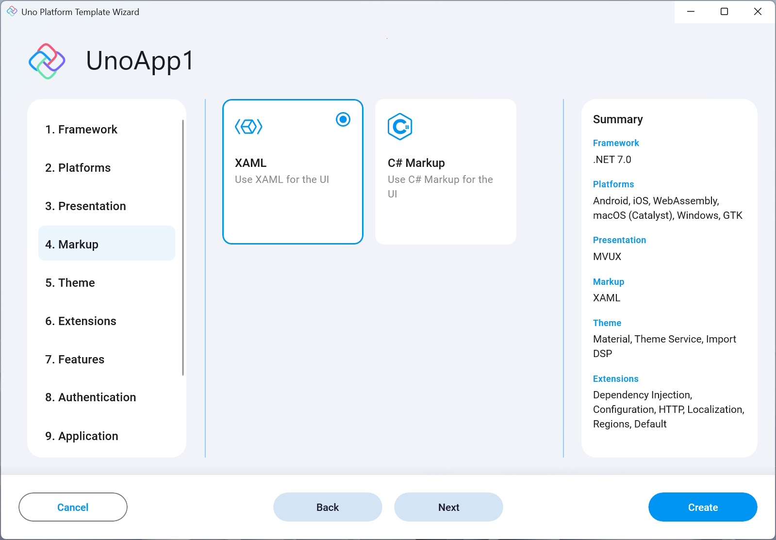 Presentation tab in the wizard