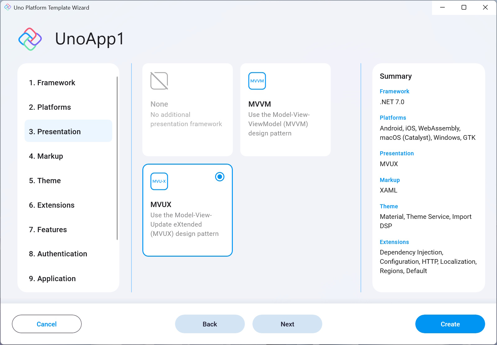 Presentation tab in the wizard