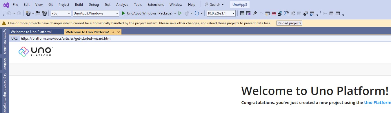 Visual Studio message requesting reload of projects
