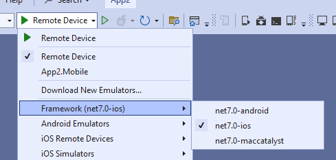 Visual Studio - "Debug toolbar" drop-down selecting the "net7.0-ios" framework