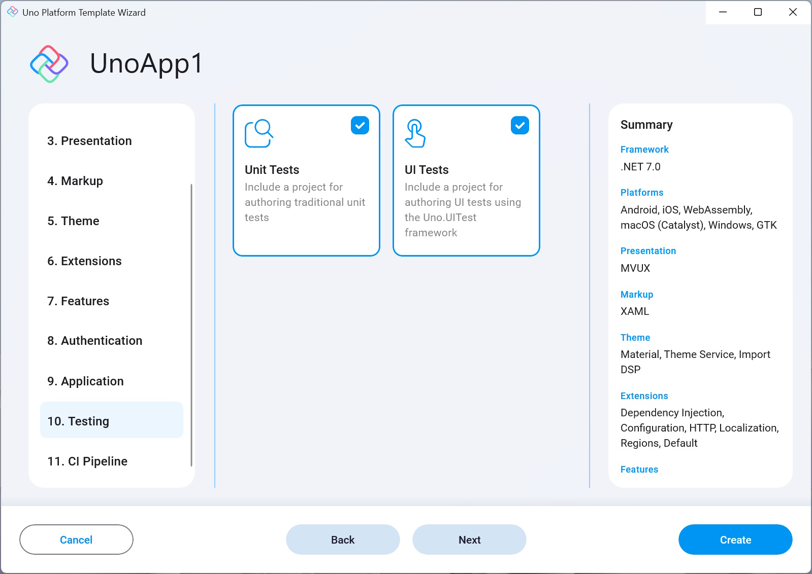 Testing tab in the wizard