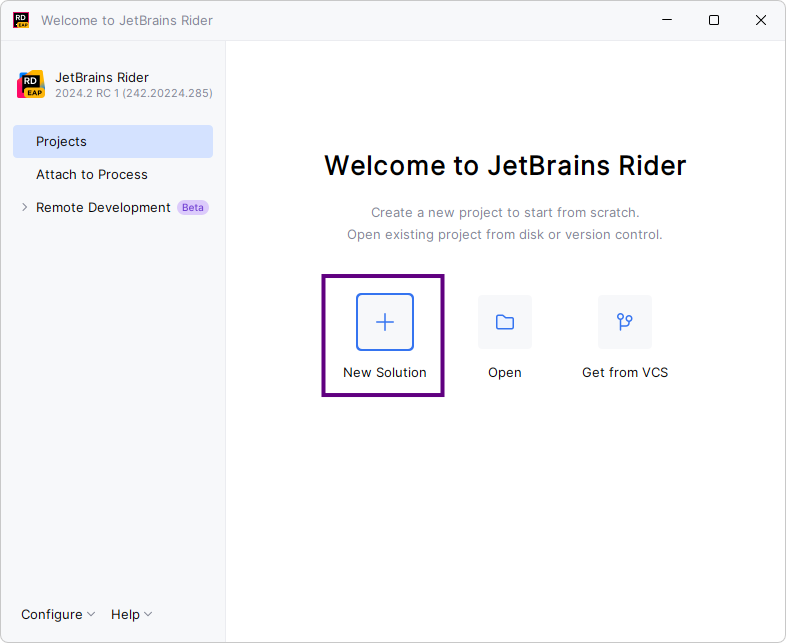 A screen showing the Welcome to JetBrains Rider screen