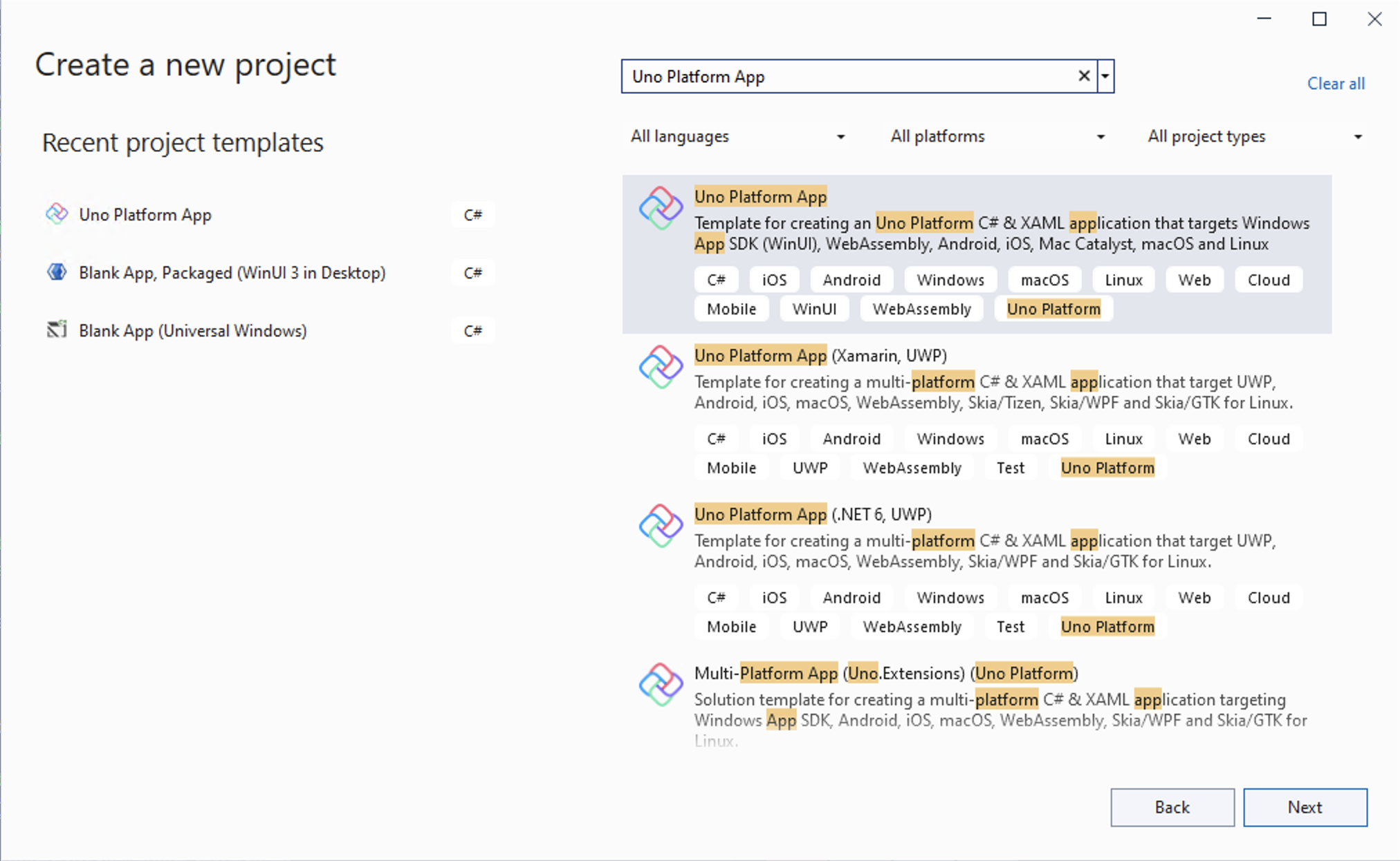 Visual Studio - Create a new project - Selecting Uno Platform App option