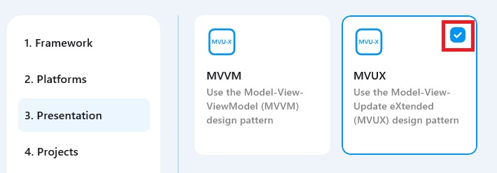 Screenshot displaying how to pre-install MVUX in the generated project