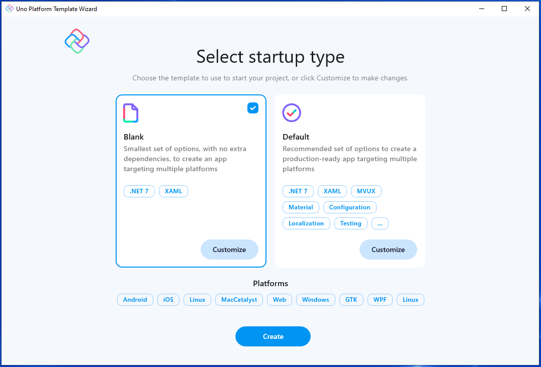 Select startup type in the Uno platform template wizard