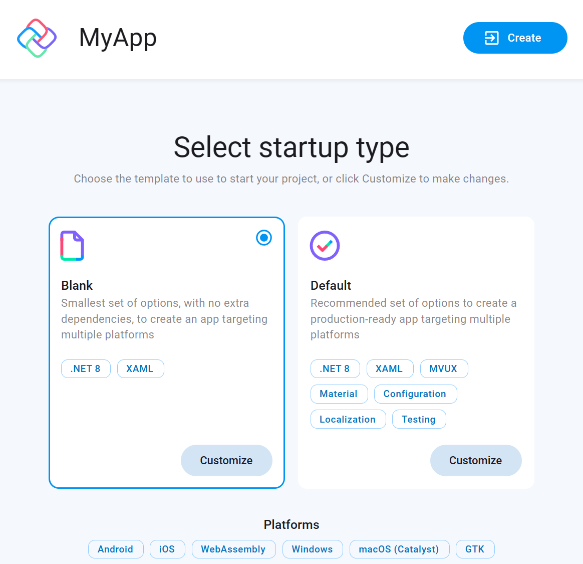 A screen showing how to choose template for the new app