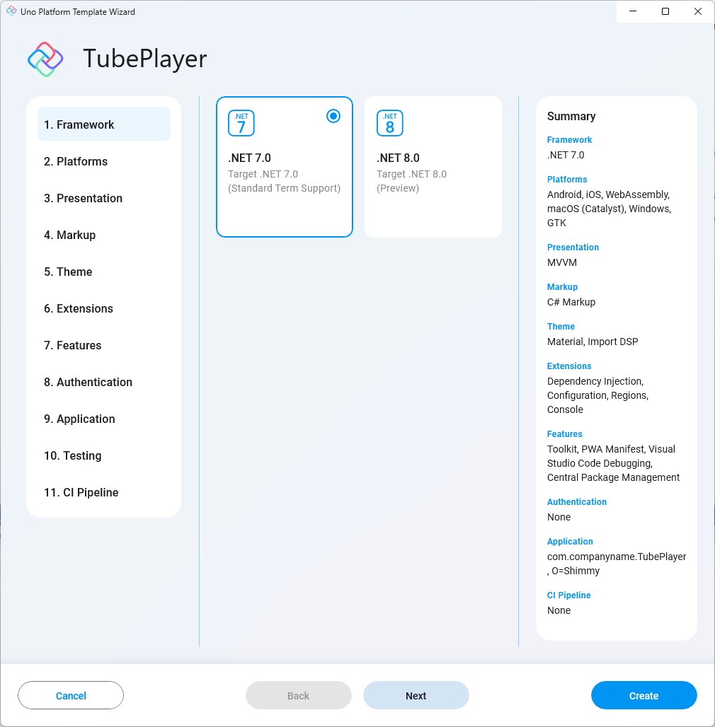 Uno Platform template wizard customize page