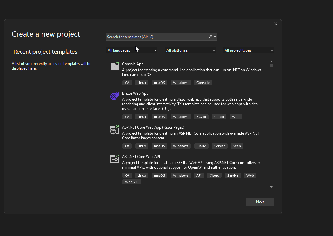 Creating a new project in Visual Studio