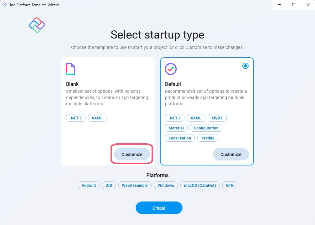 Uno Platform template wizard preset page