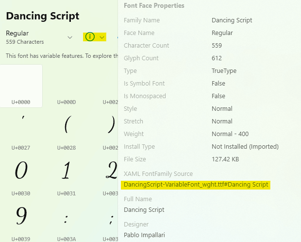 Character Map UWP providing font information