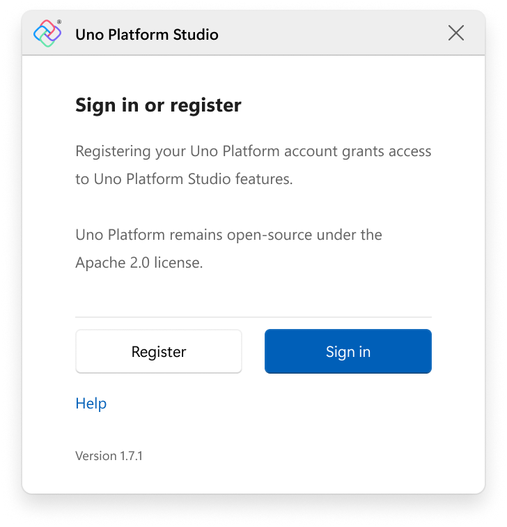 Uno Platform Studio Window Welcome