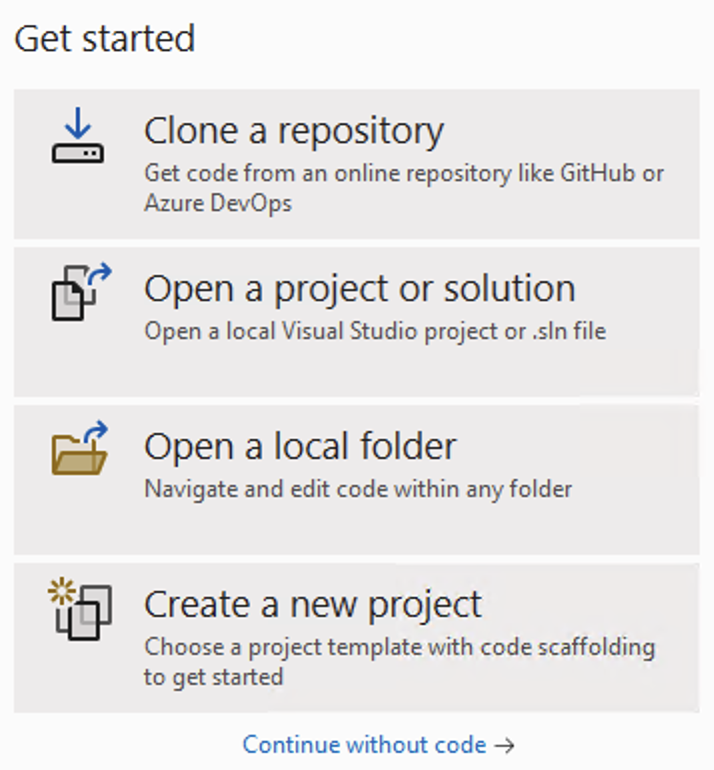 Visual Studio - Get started - Selecting create a new project option