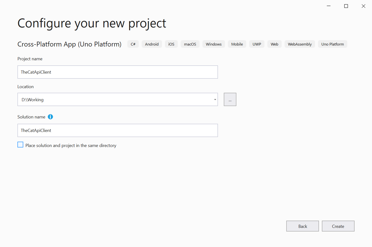 Configure your new project dialog