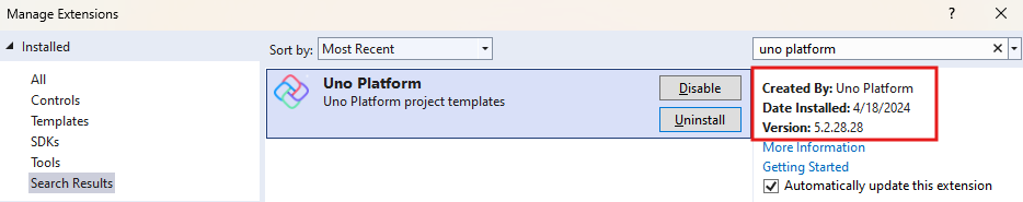 Screenshot displaying how to check the version of the Uno Extension wizard version in Visual Studio extension manager
