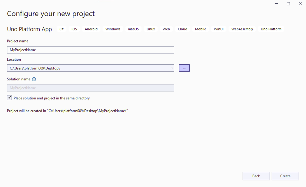 Visual Studio - Configure project name and location