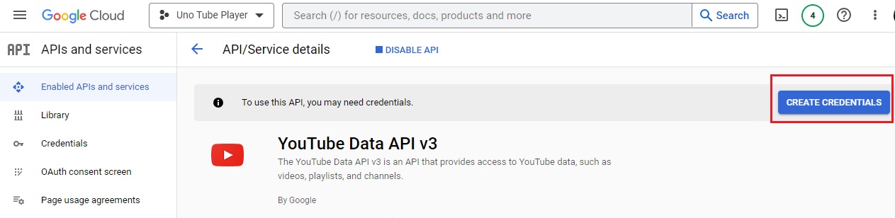 Google Console create credentials button