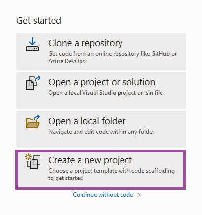 Visual Studio new project dialog