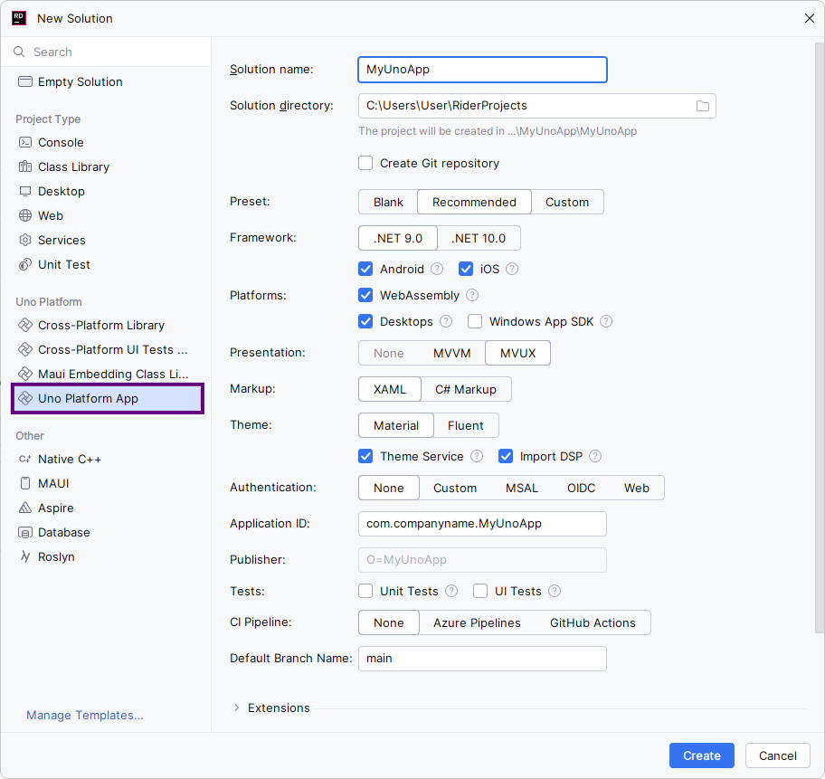 A screen showing the Uno Platform App Template