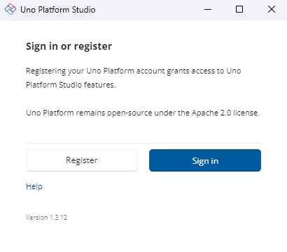 Uno Platform Studio window Welcome