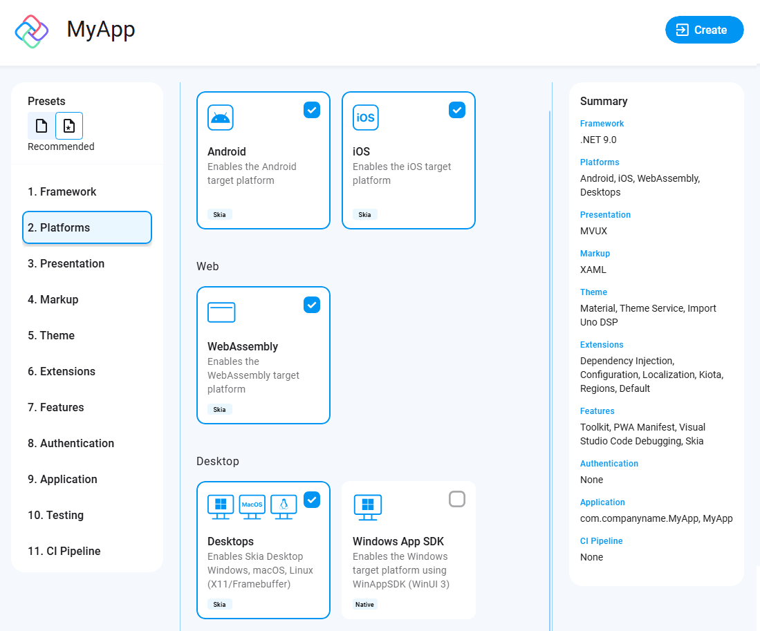 A screen showing how to choose template for the new app