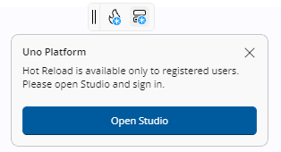 The Hot Reload indicator is not connected. A flyout message states that Hot Reload is available only to registered users and prompts the user to sign in via the Uno Platform Studio button.