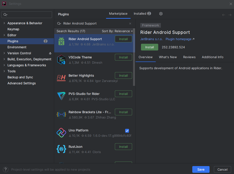 A view of the Rider Android Support plugin on the marketplace
