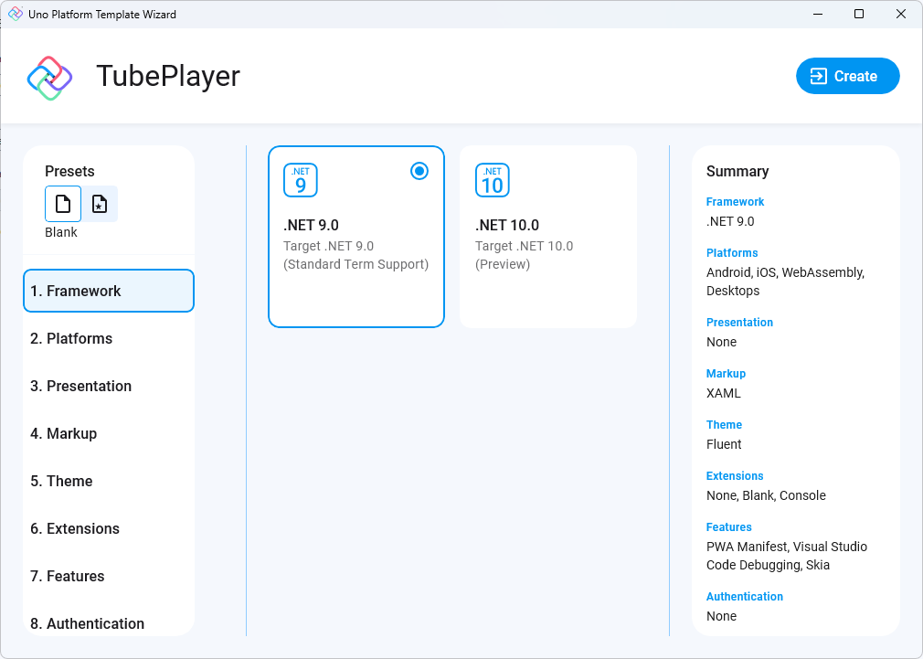 Uno Platform template wizard customize page
