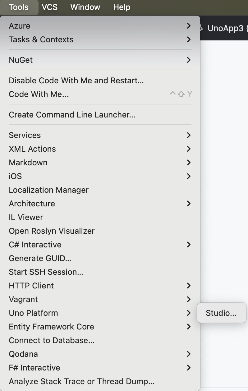 JetBrains Rider Menu