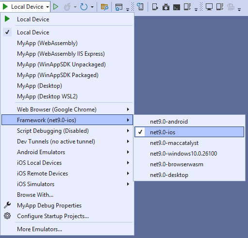 Visual Studio - "Debug toolbar" drop-down selecting the "net10.0-ios" framework