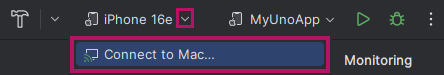 Rider toolbar showing the Connect to Mac button for iOS