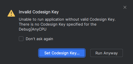 Rider Invalid Codesign Key dialog