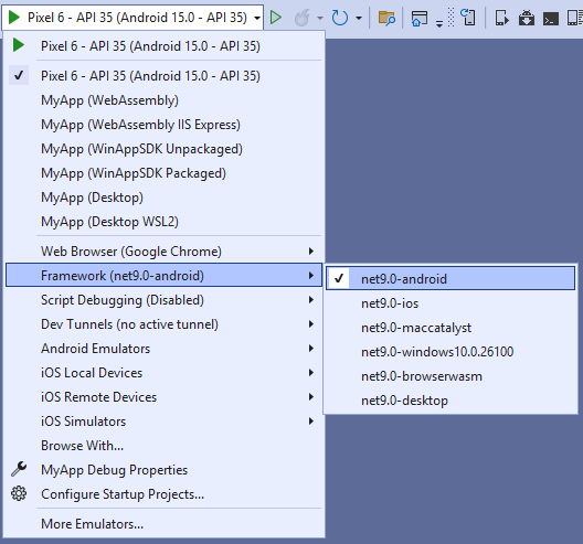 Visual Studio - "Debug toolbar" drop-down selecting the "net10.0-android" framework