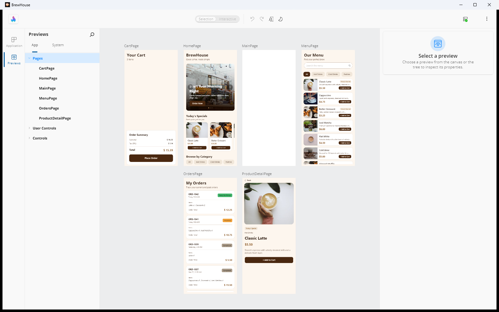 Hot Design in Previews mode: the Application / Previews navigation bar, the Previews panel with its App and System tabs, and a Pages category summary on the canvas