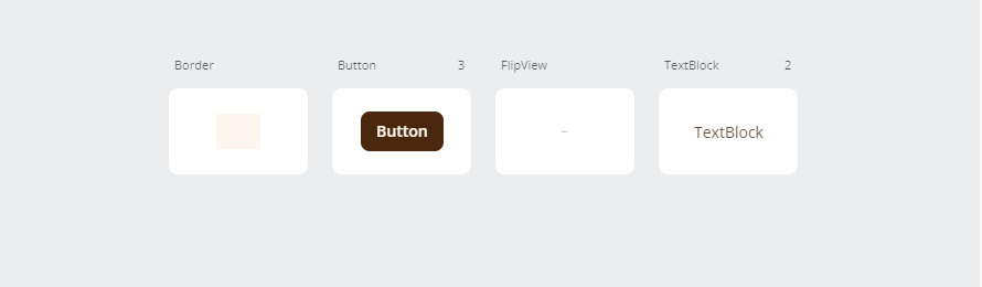 A Controls category summary: fixed-size cards for Border, Button, FlipView and TextBlock, with count badges on the types that have several previews