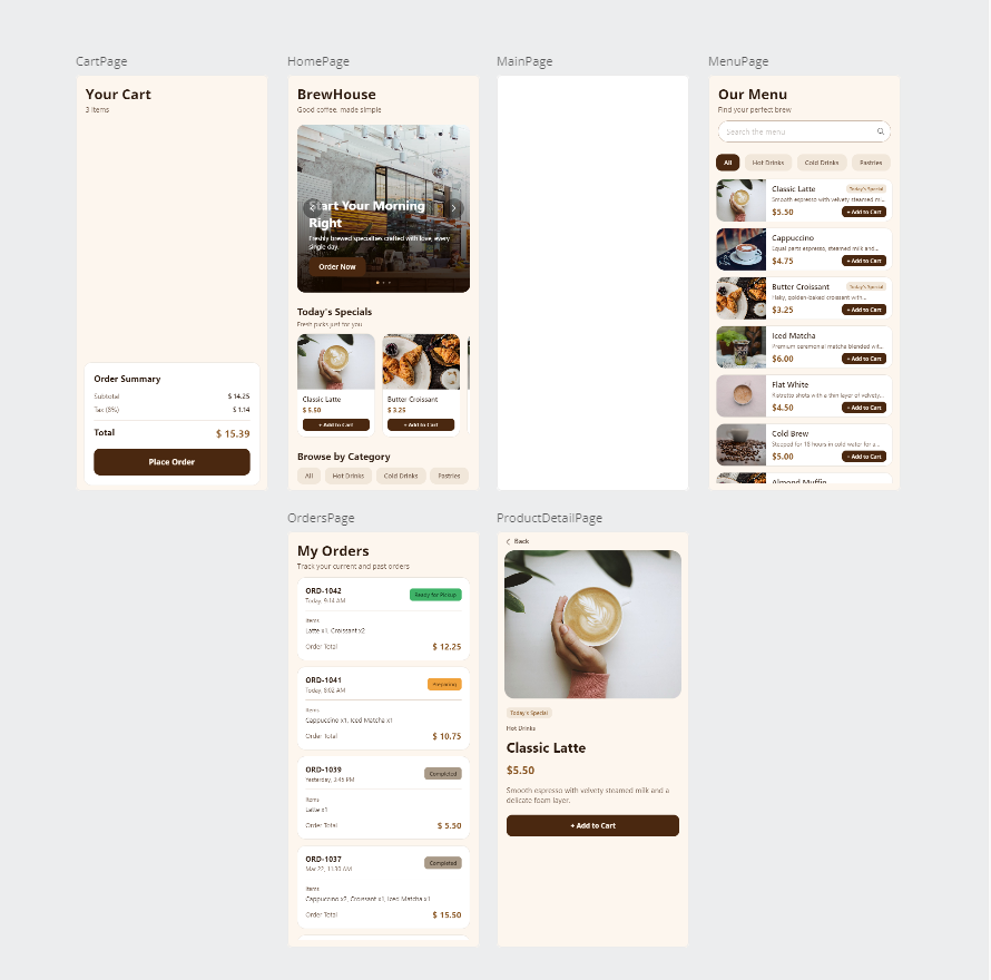 A Pages category summary: one device-shaped card per page, each rendering a live preview with its title above