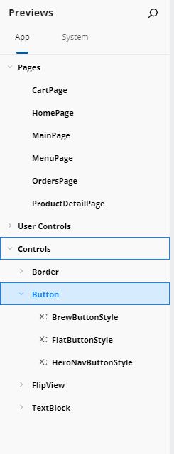 The Previews tree showing the App and System tabs, the Pages, User Controls and Controls categories, and a Button type expanded to its named styles