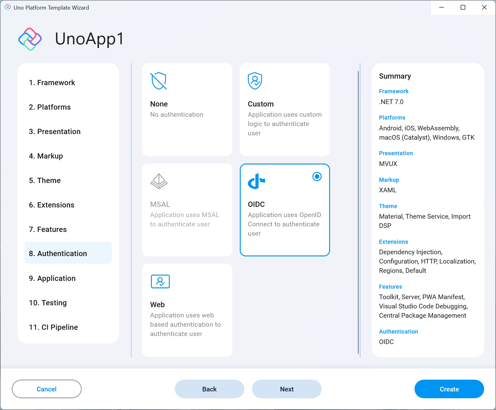 Authentication tab in the wizard